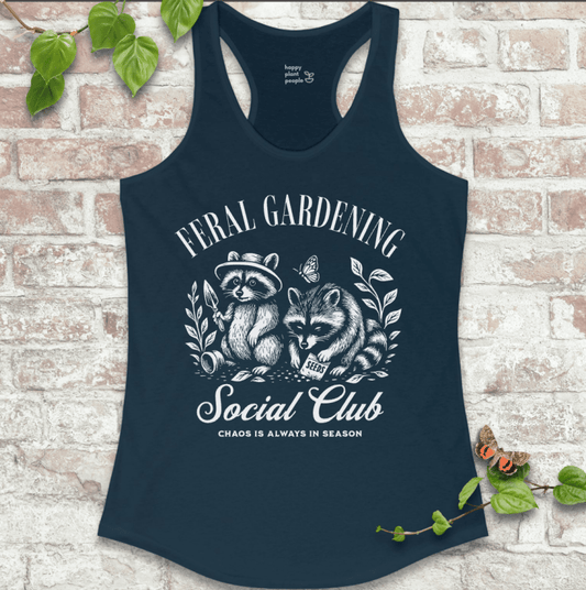 Feral Gardening Tank in Navy with vintage-style raccoon and garden illustration on a soft racerback tank top.