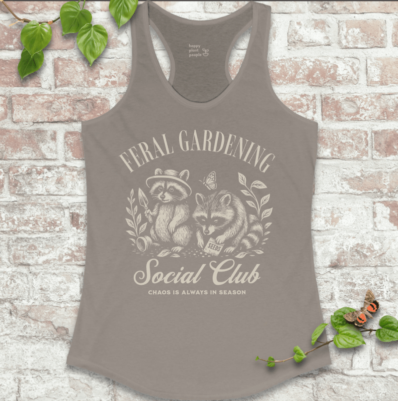 Feral Gardening Tank in soft grey with vintage-style raccoon and garden illustration on a soft racerback tank top.