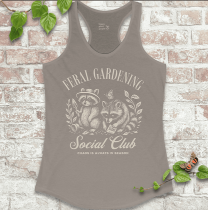 Feral Gardening Tank in soft grey with vintage-style raccoon and garden illustration on a soft racerback tank top.