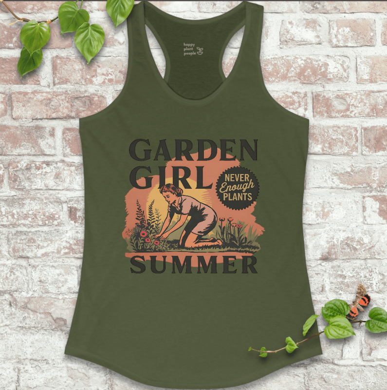 Military green women’s gardening tank top with summery floral design – soft and ideal for sunny garden days