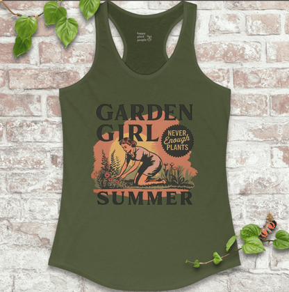 Military green women’s gardening tank top with summery floral design – soft and ideal for sunny garden days
