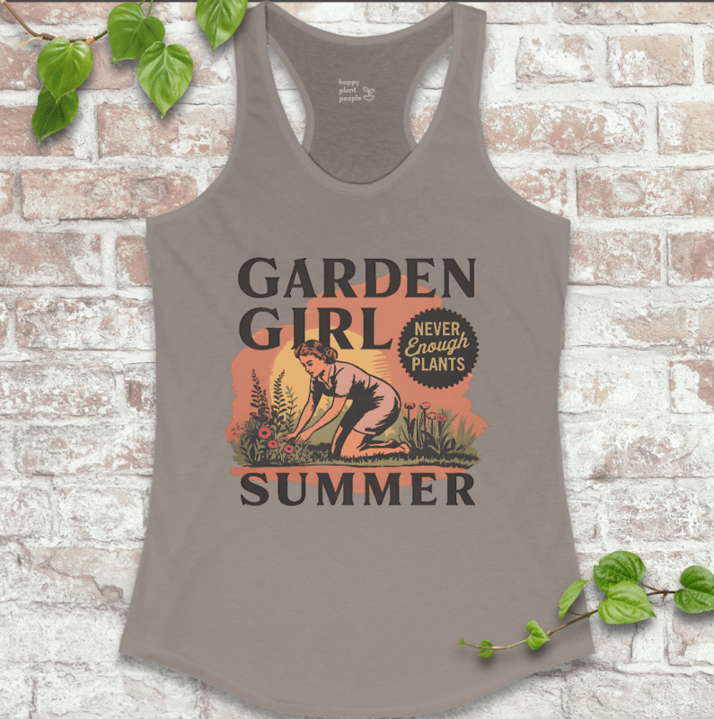 Women’s racerback tank in warm gray with Garden Girl Summer design – breathable and great for outdoor planting