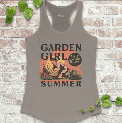Women’s racerback tank in warm gray with Garden Girl Summer design – breathable and great for outdoor planting
