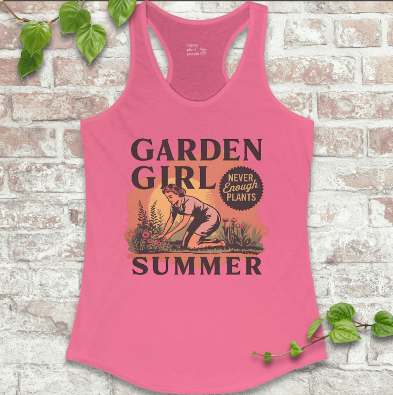 Hot pink women’s gardening tank with bold Garden Girl Summer print – lightweight and fun for plant-loving girls