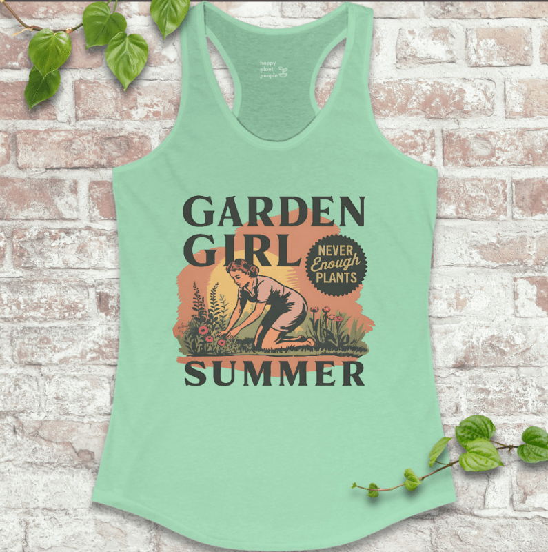 Mint green women’s gardening tank top with summery floral design – soft and ideal for sunny garden days