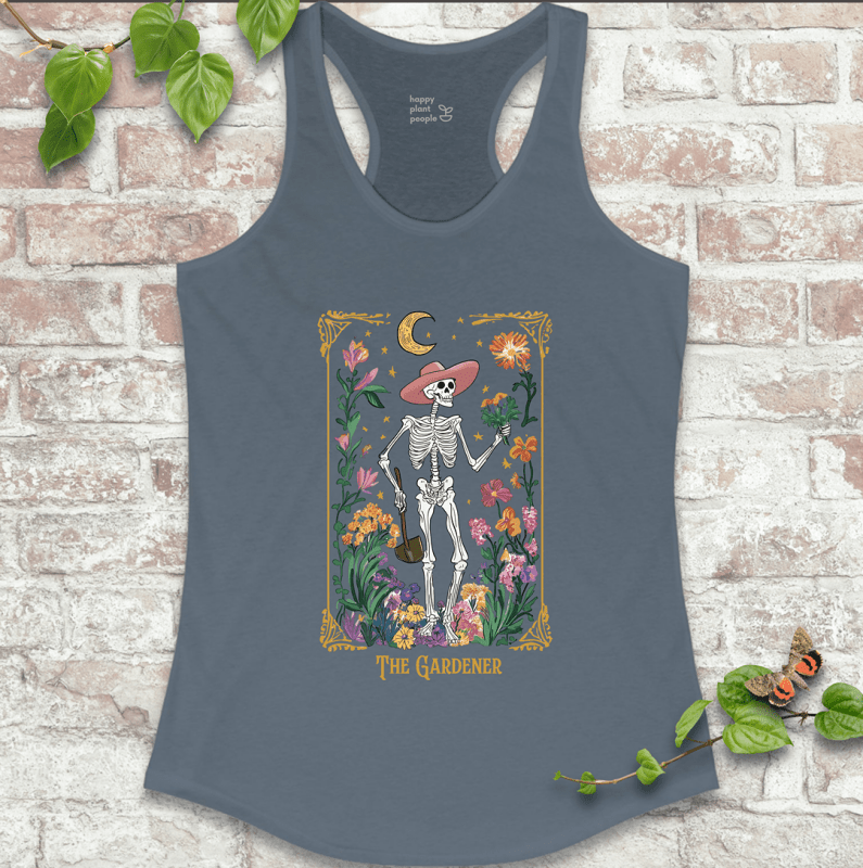 Women’s gardener tarot tank in indigo – witchy plant shirt with mystical vibes