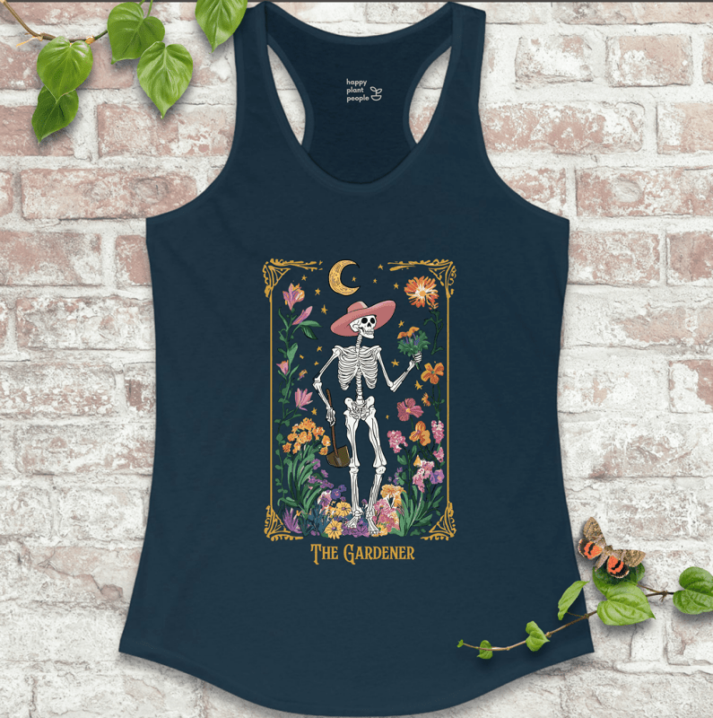 Midnight navy tarot tank top with floral design – women’s mystical garden shirt