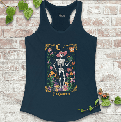 Midnight navy tarot tank top with floral design – women’s mystical garden shirt