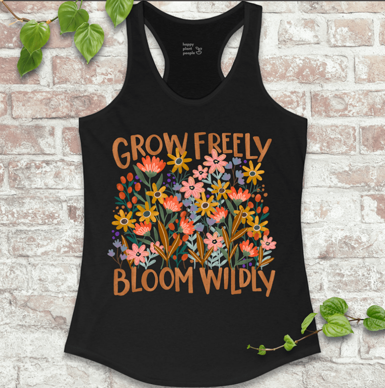 Bold chaos gardening floral design on fitted Black racerback tank for wildflower lovers