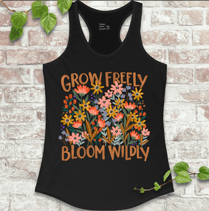 Bold chaos gardening floral design on fitted Black racerback tank for wildflower lovers