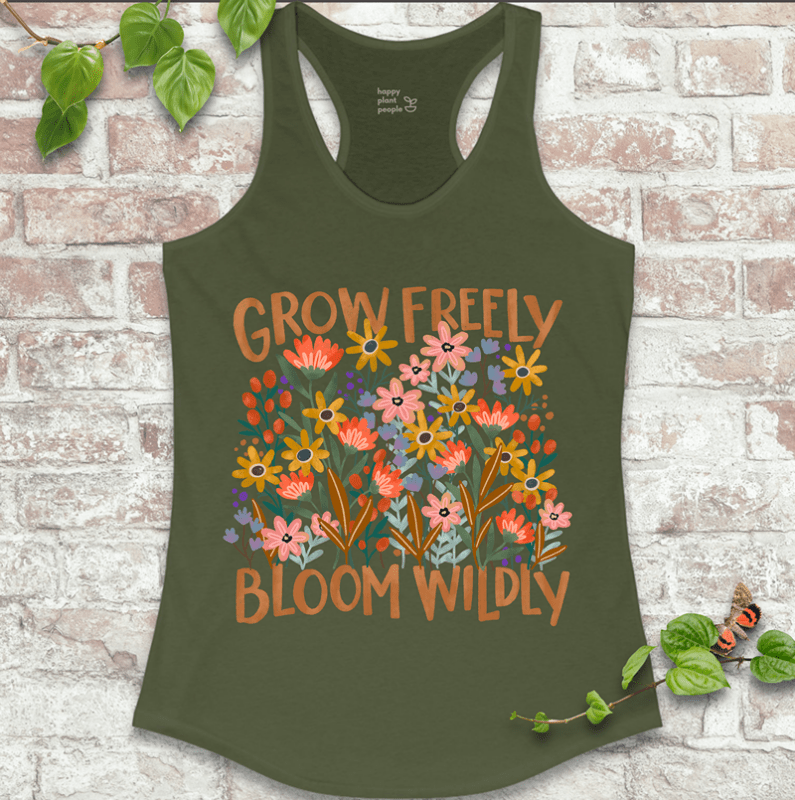 Pollinator-friendly garden design on earthy green racerback tank