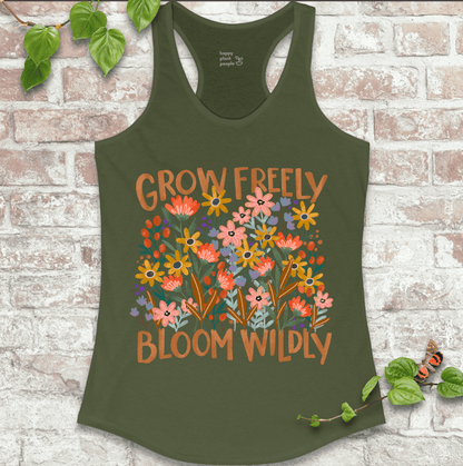 Pollinator-friendly garden design on earthy green racerback tank