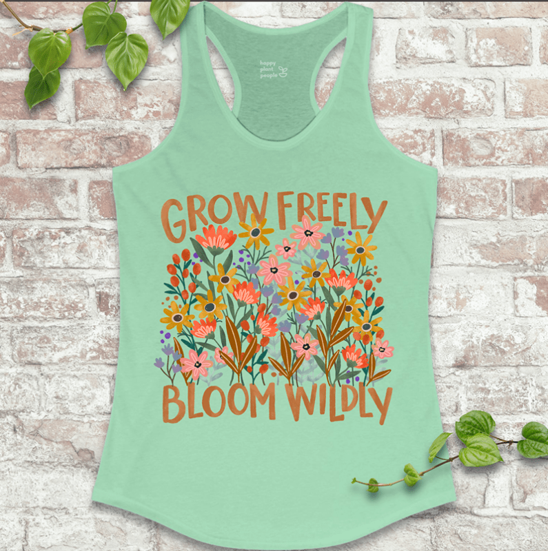 Nature lover floral tank top with bee and butterfly art on soft Solid Mint
