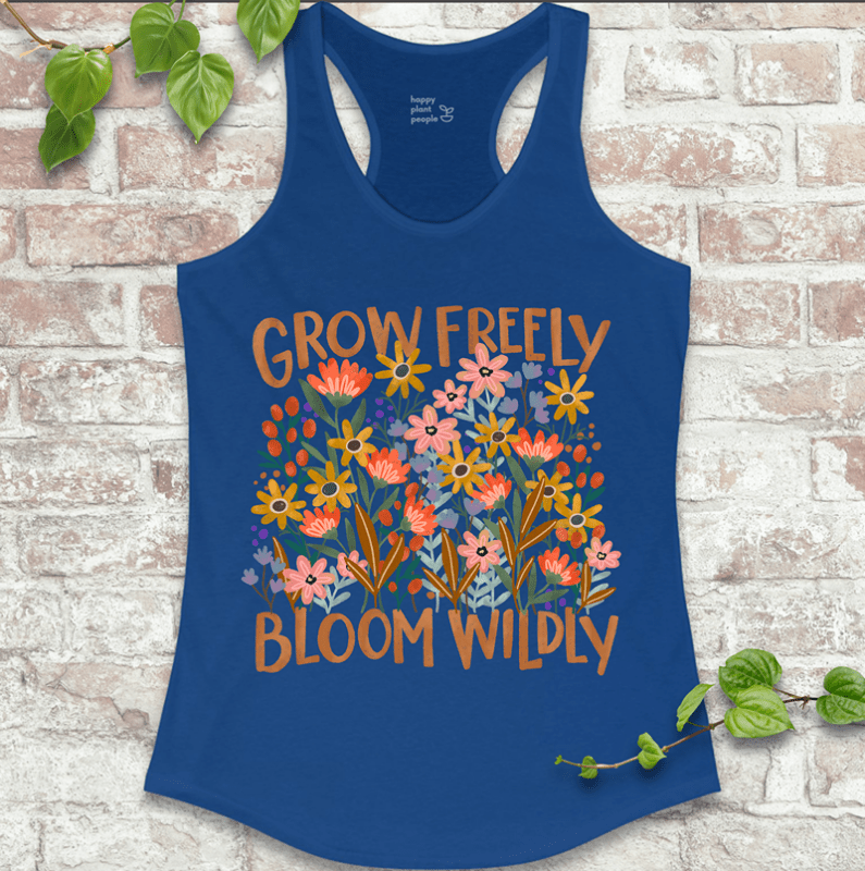 Bold flower garden racerback tank in vibrant Royal blue for summer growers