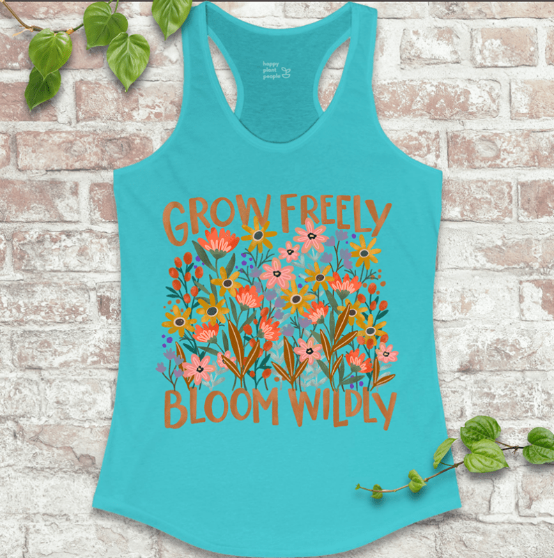 Cottagecore and chaos gardening design on bright Aqua Blue racerback tank