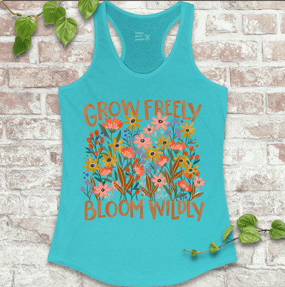 Cottagecore and chaos gardening design on bright Aqua Blue racerback tank