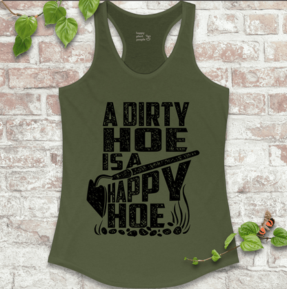 Fitted garden shirt in earthy green with cheeky “happy hoe” quote
