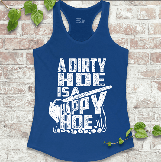 Funny garden-themed racerback tank in bright blue for women who love getting dirty