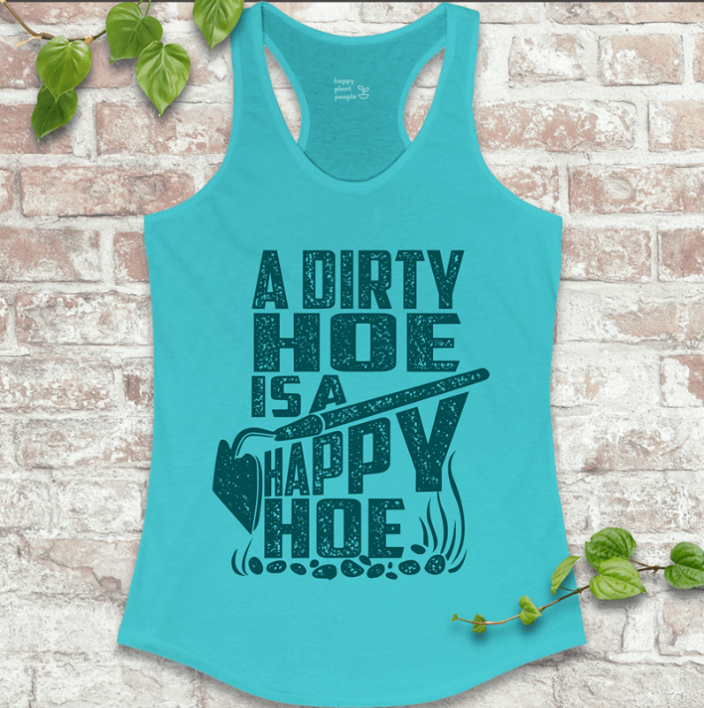 Funny racerback tank with gardening humor for women in bright Tahiti Blue