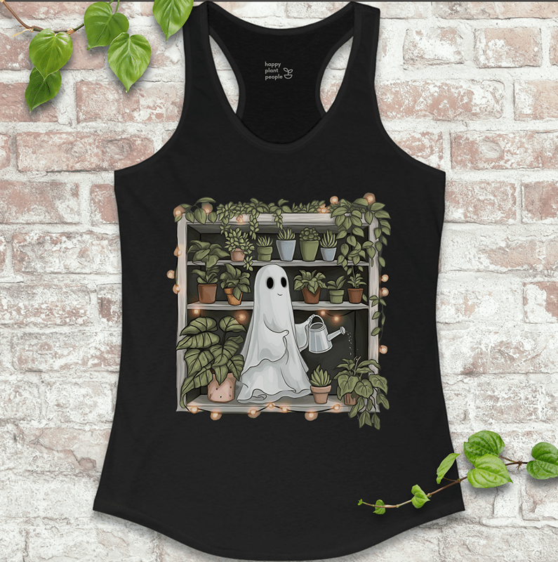 Original Happy Plant People ghost and plant shelf design on soft Solid Black racerback tank