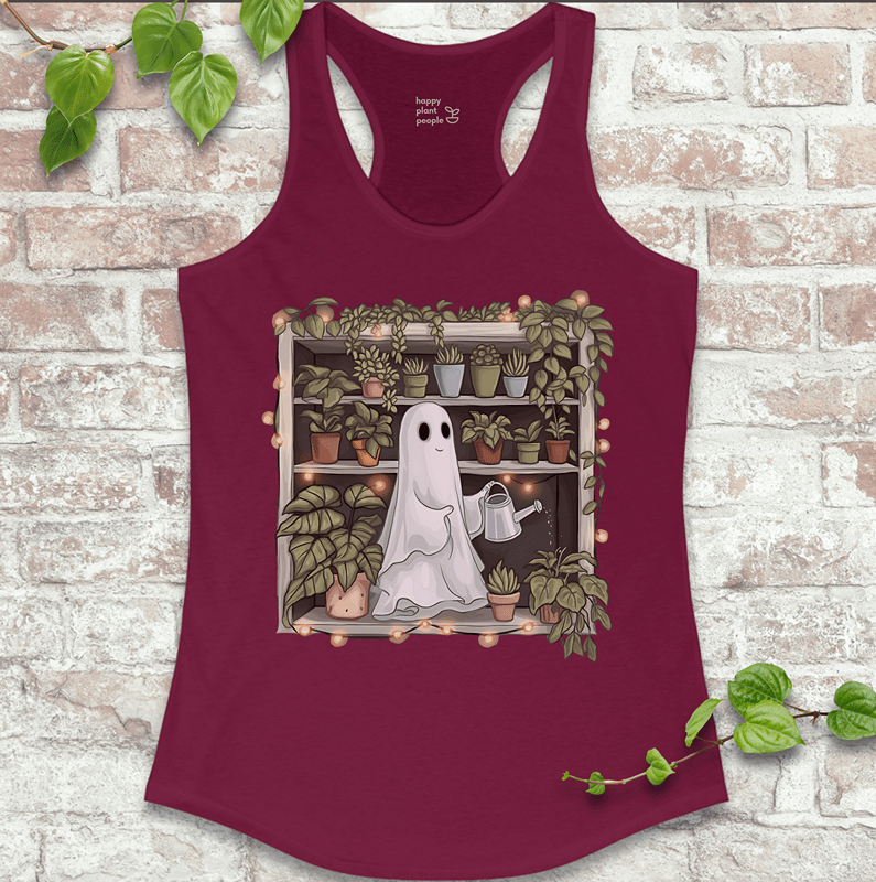 Cozy goth ghost and foliage design on bright Cardinal Red racerback tank
