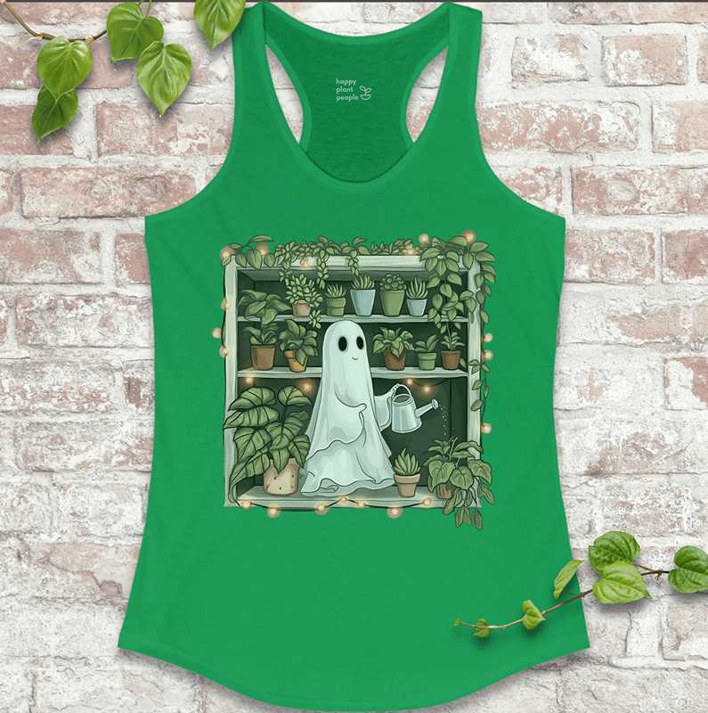 Happy Plant People haunted plant shelf design on vibrant Solid Kelly Green tank