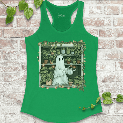 Happy Plant People haunted plant shelf design on vibrant Solid Kelly Green tank