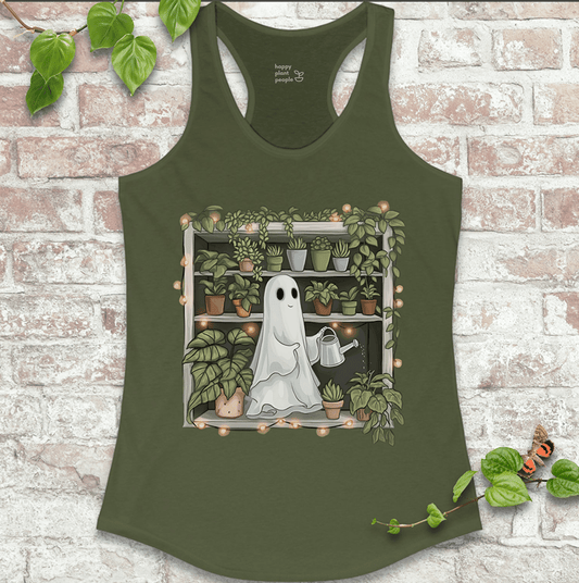 Spooky houseplant ghost design on vintage-style Solid Military Green racerback tank