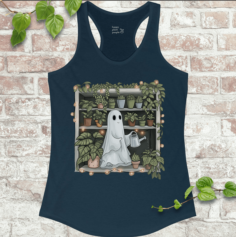 Cozy goth ghost and houseplant design on Navy racerback tank