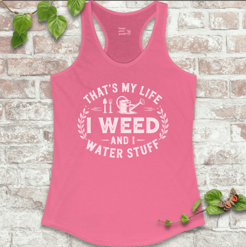 I Weed ladies’ gardening tank in hot pink with playful garden slogan on a soft racerback tank top.