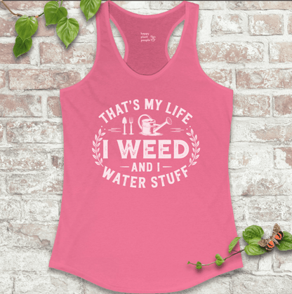 I Weed ladies’ gardening tank in hot pink with playful garden slogan on a soft racerback tank top.