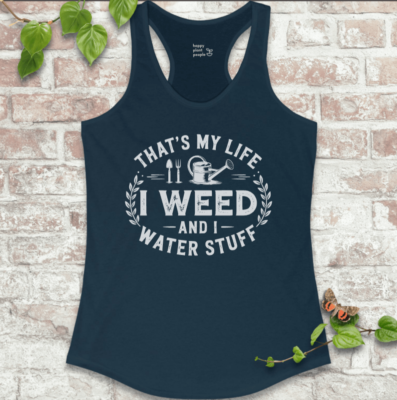 I Weed ladies’ gardening tank in navy with playful garden slogan on a soft racerback tank top.
