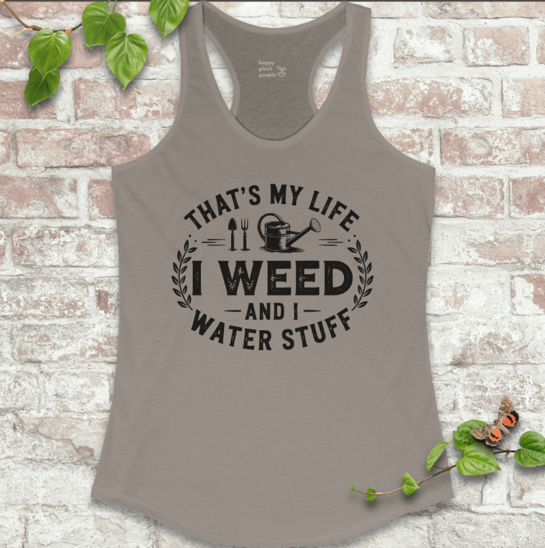 I Weed ladies’ gardening tank in grey with playful garden slogan on a soft racerback tank top.