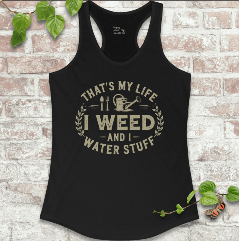 I Weed ladies’ gardening tank in black with playful garden slogan on a soft racerback tank top.