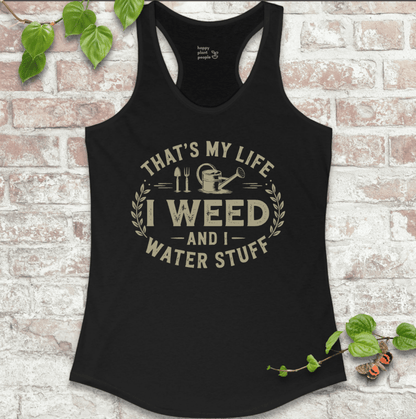 I Weed ladies’ gardening tank in black with playful garden slogan on a soft racerback tank top.