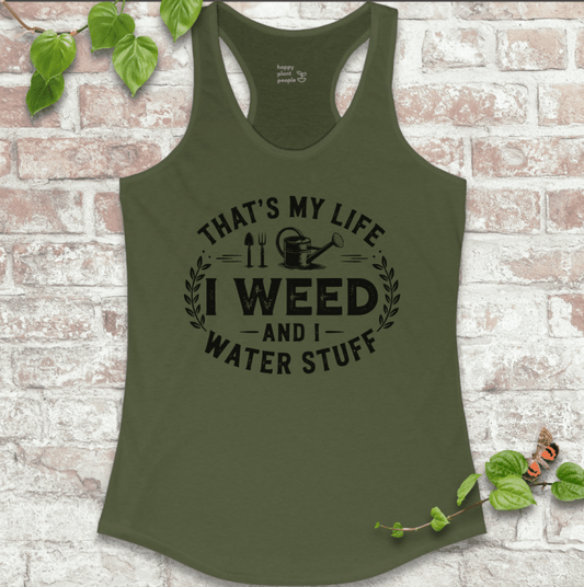 I Weed ladies’ gardening tank in military green with playful garden slogan on a soft racerback tank top.