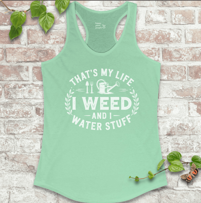 I Weed ladies’ gardening tank in mint with playful garden slogan on a soft racerback tank top.