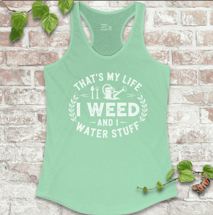 I Weed ladies’ gardening tank in mint with playful garden slogan on a soft racerback tank top.