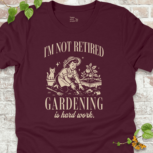 Deep red Bella+Canvas tee with vintage-style gardening design and funny slogan