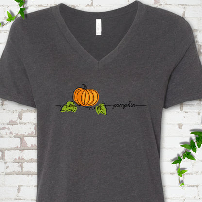 Dark Grey Heather Bella Canvas® V-neck T-shirt flat lay featuring a minimalist orange pumpkin, green leaves and delicate black script.
