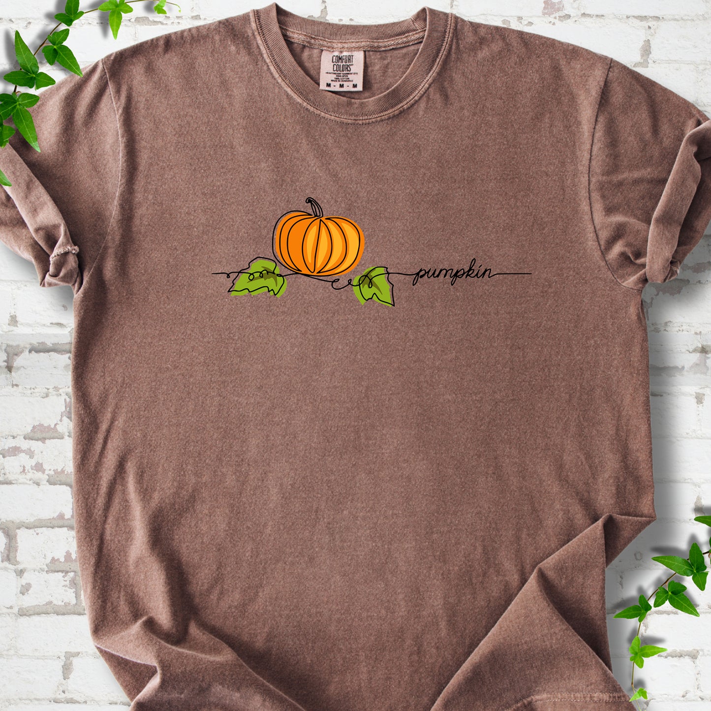 Espresso Comfort Colors® T-shirt flat lay featuring a minimalist orange pumpkin, green leaves and delicate black script.
