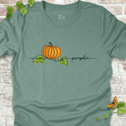 Minimalist pumpkin illustration on a dusty blue T-shirt