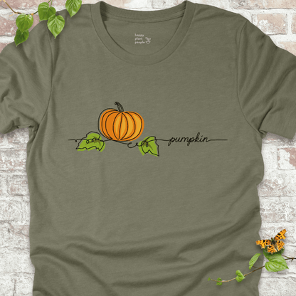 Minimalist pumpkin illustration on an olive green T-shirt