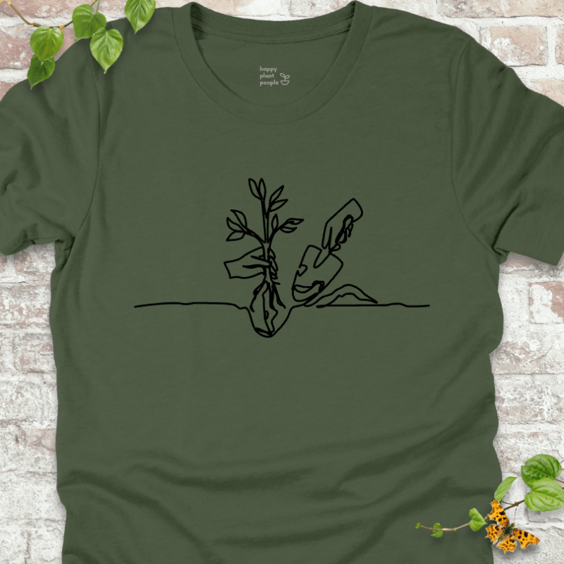 Minimalist planting illustration on a green T-shirt