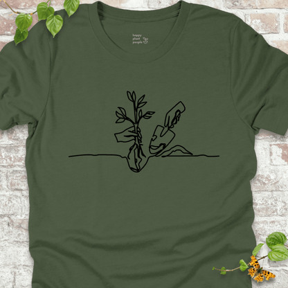 Minimalist planting illustration on a green T-shirt
