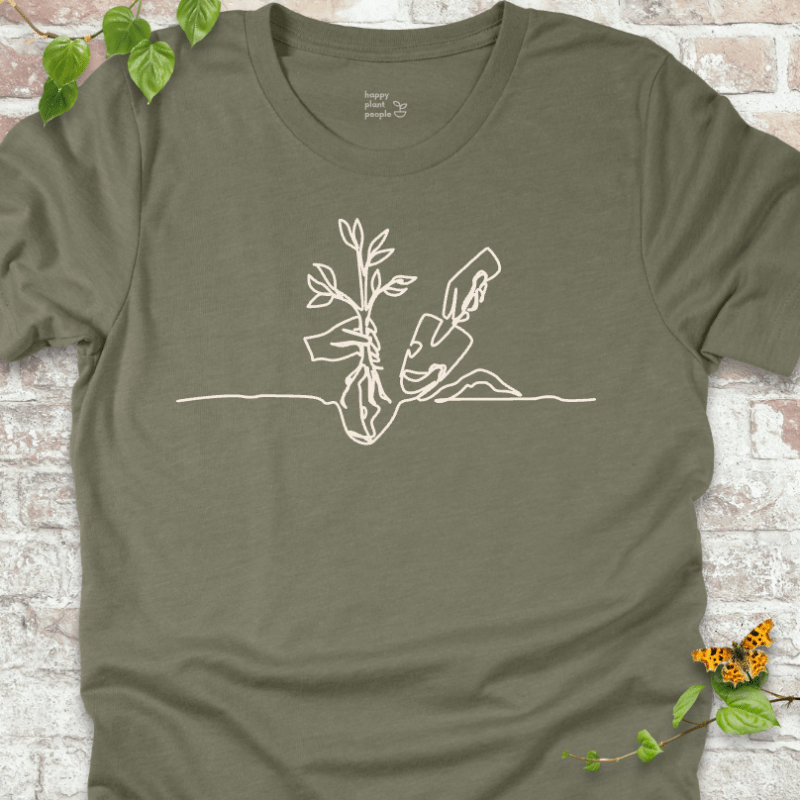 Minimalist planting illustration on an olive green T-shirt