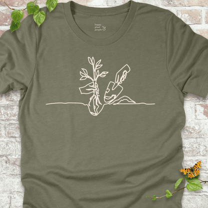 Minimalist planting illustration on an olive green T-shirt