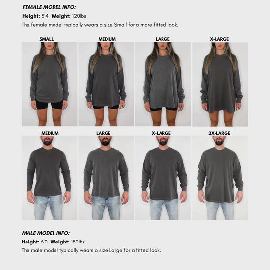 Comfort Colors™ 6014 unisex long sleeve T-shirt video size and fit guide – male and female models showing fit across sizes with measurement chart