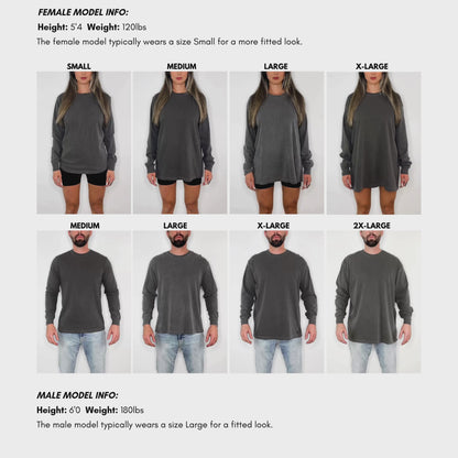 Comfort Colors™ 6014 unisex long sleeve T-shirt video size and fit guide – male and female models showing fit across sizes with measurement chart