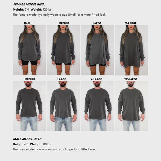 Comfort Colors™ 6014 unisex long sleeve T-shirt video size and fit guide – male and female models showing fit across sizes with measurement chart